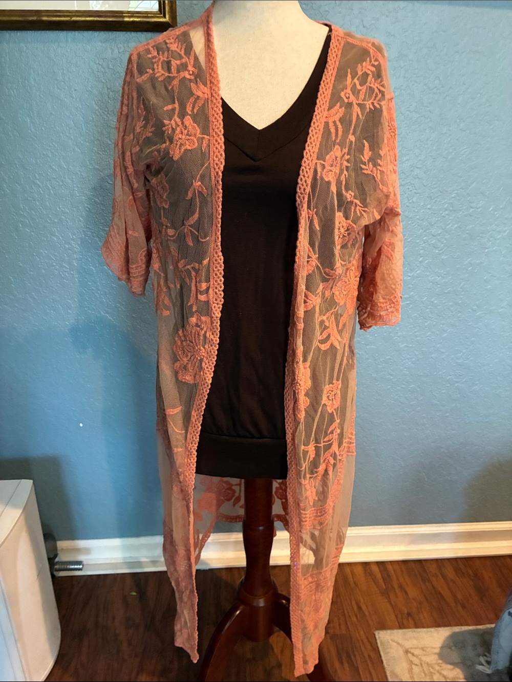 Sheer Embroidered Lace Kimono Cardigan - Pink
